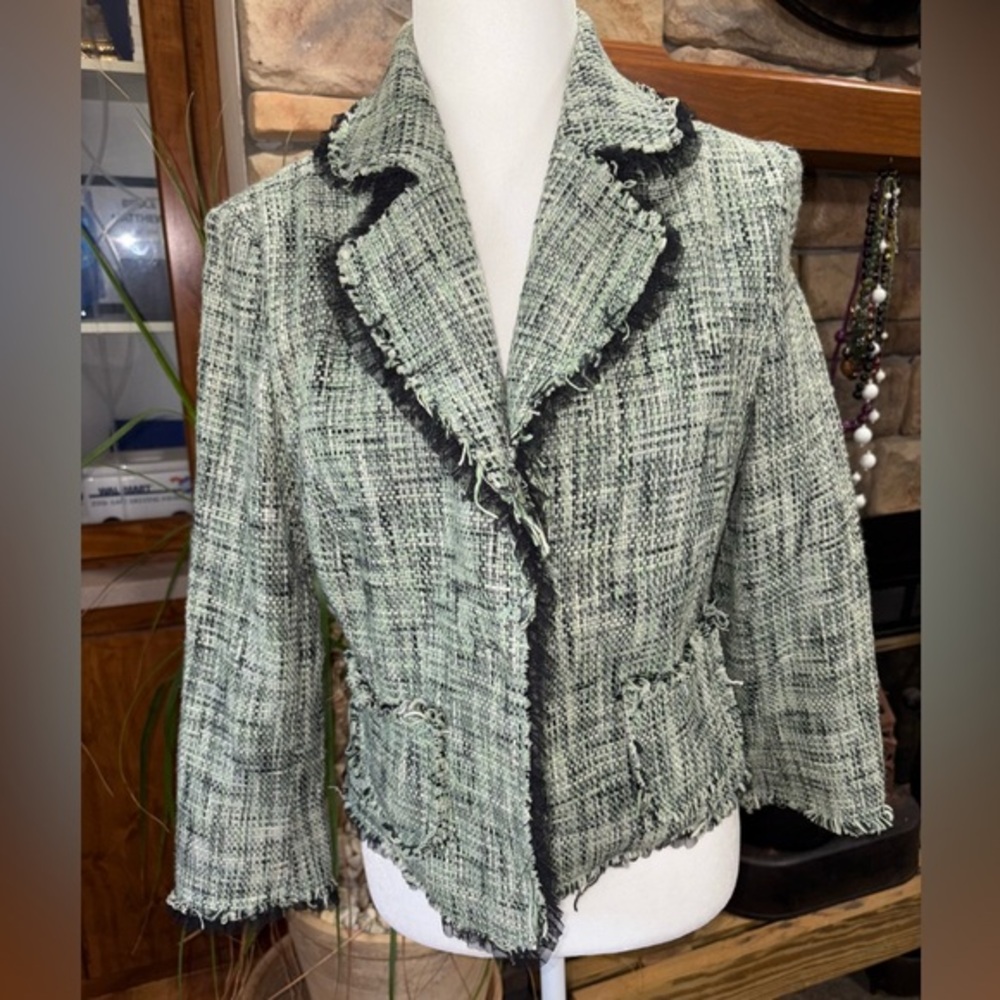 RIVER ISLAND SIZE 14 GREEN & WHITE TWEED BLAZER WITH BLACK LACE TRIM